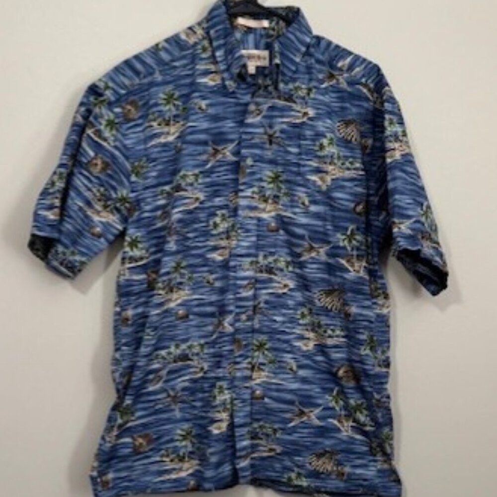 USED Men's Campia Short Sleeve Button Down Shirt Color Green and Blue Size Med